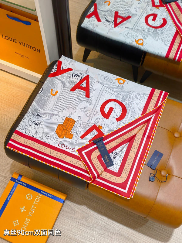 LV Double-sided Scarf 90cm Red White Twill Silk 136592