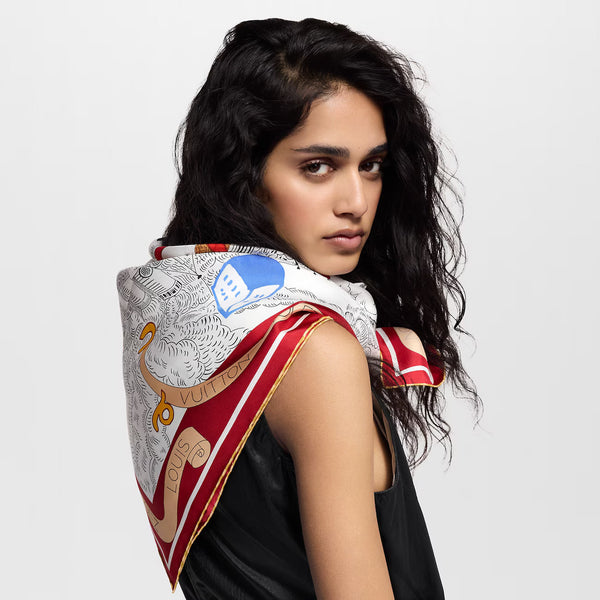 LV Double-sided Scarf 90cm Red White Twill Silk 136592