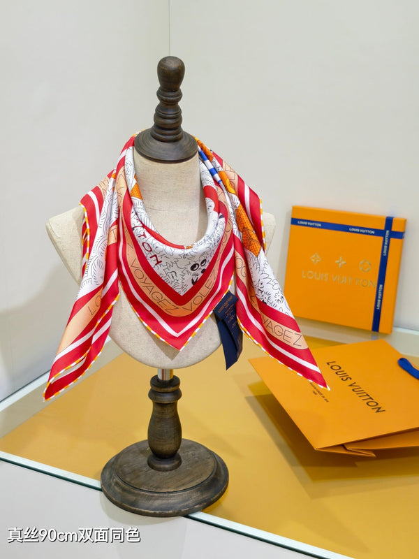 LV Double-sided Scarf 90cm Red White Twill Silk 136592