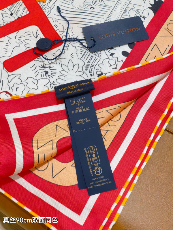 LV Double-sided Scarf 90cm Red White Twill Silk 136592