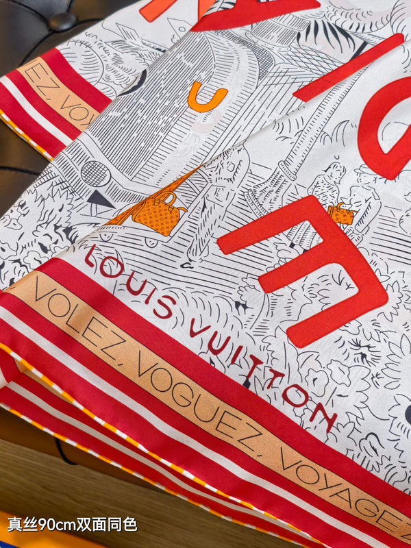 LV Double-sided Scarf 90cm Red White Twill Silk 136592