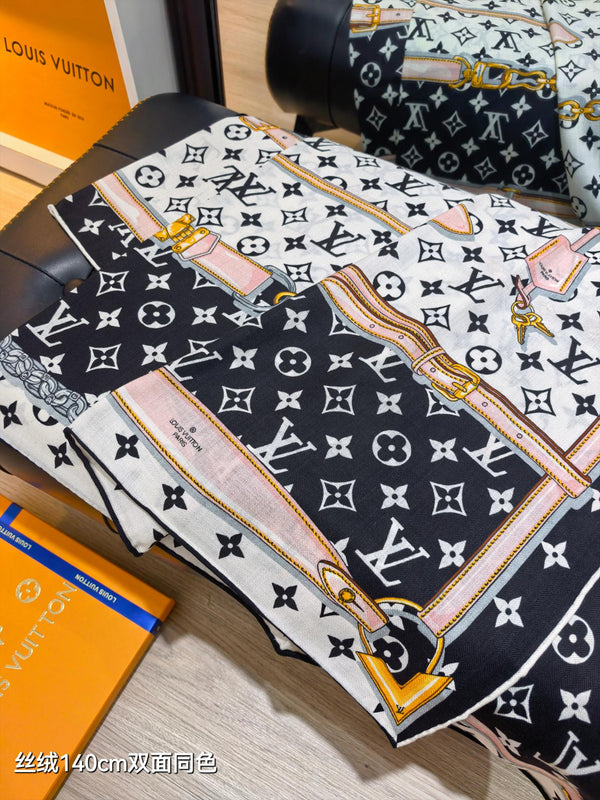 LV Double-sided Scarf 140cm Black & White Cashmere Silk 136602