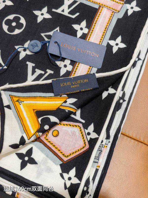 LV Double-sided Scarf 140cm Black & White Cashmere Silk 136602