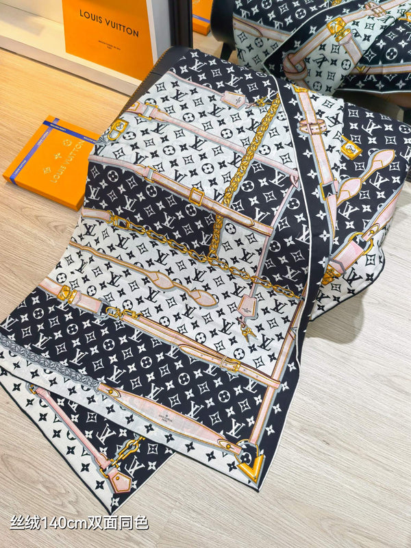 LV Double-sided Scarf 140cm Black & White Cashmere Silk 136602