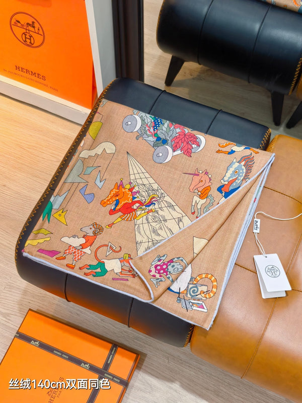 HM Double-sided Scarf 140cm Brown Cashmere Silk 136604