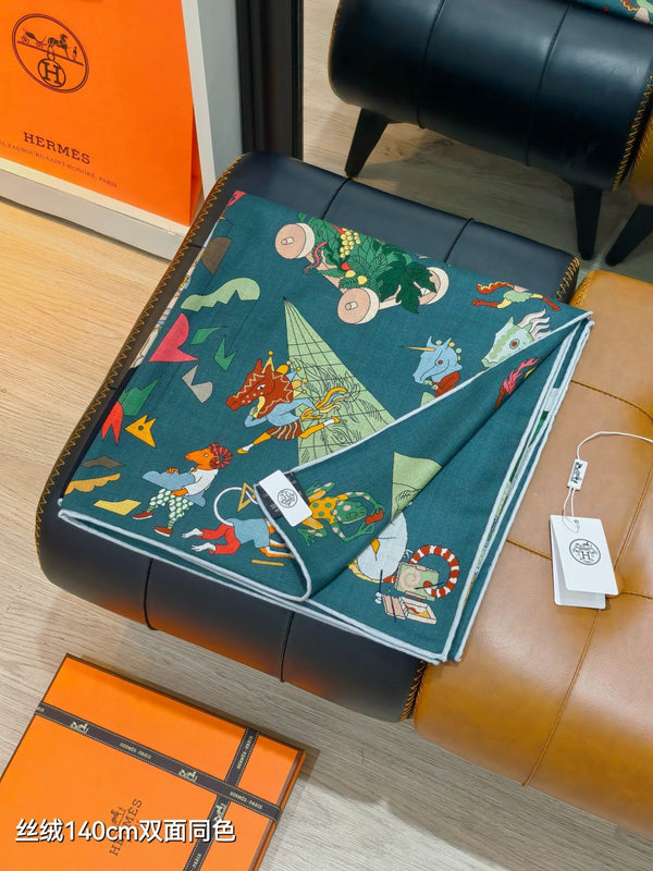 HM Double-sided Scarf 140cm Teal Green Cashmere Silk 136606