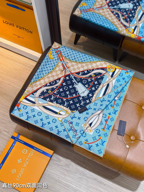 LV Scarf 90cm Blue Denim Twill Silk 136594