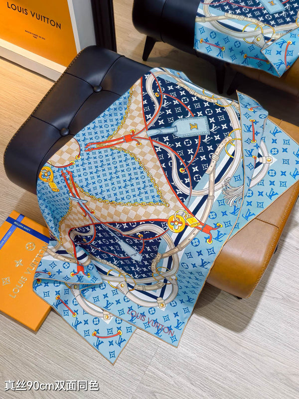 LV Scarf 90cm Blue Denim Twill Silk 136594