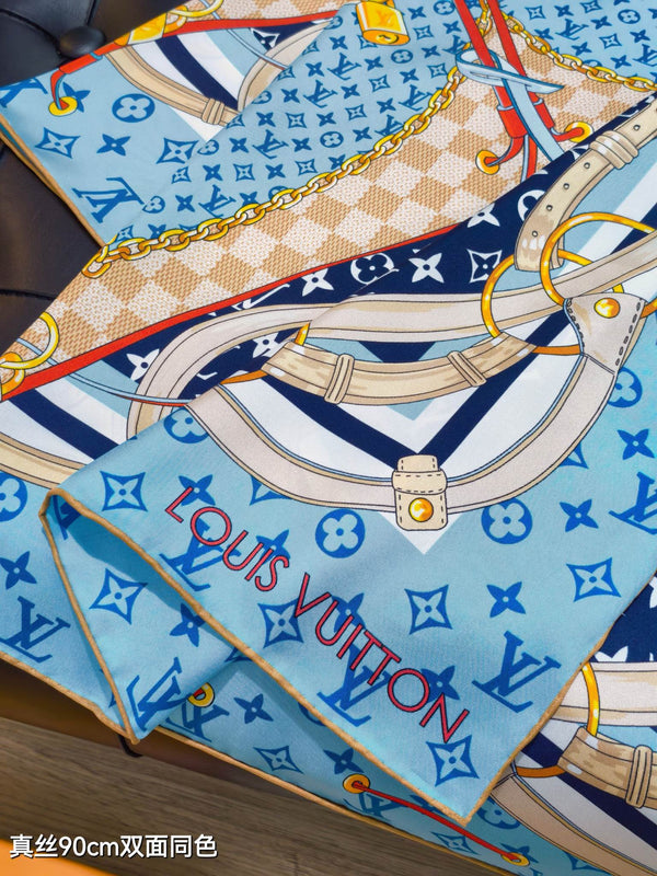 LV Scarf 90cm Blue Denim Twill Silk 136594