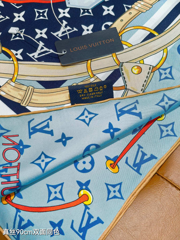 LV Scarf 90cm Blue Denim Twill Silk 136594