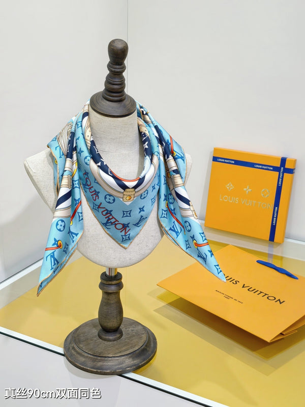 LV Scarf 90cm Blue Denim Twill Silk 136594