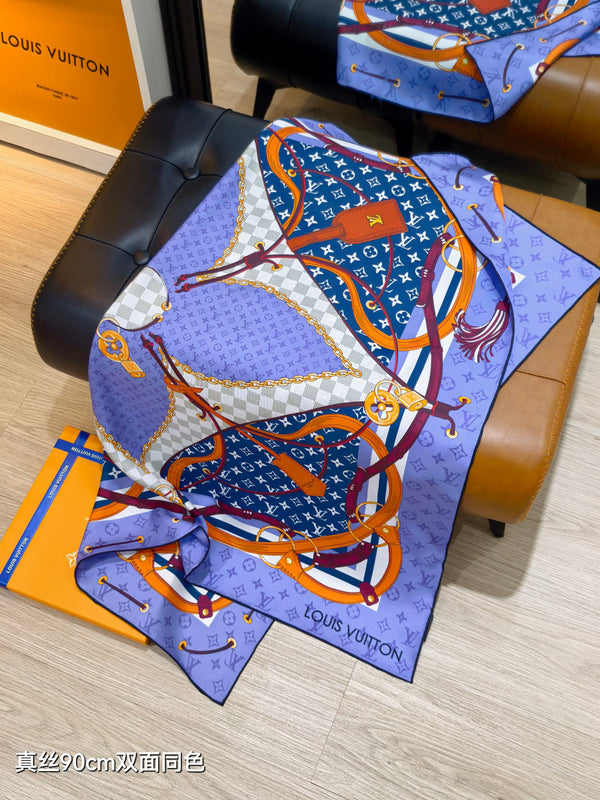 LV Scarf 90cm Blue Lavender Twill Silk Wool 136596