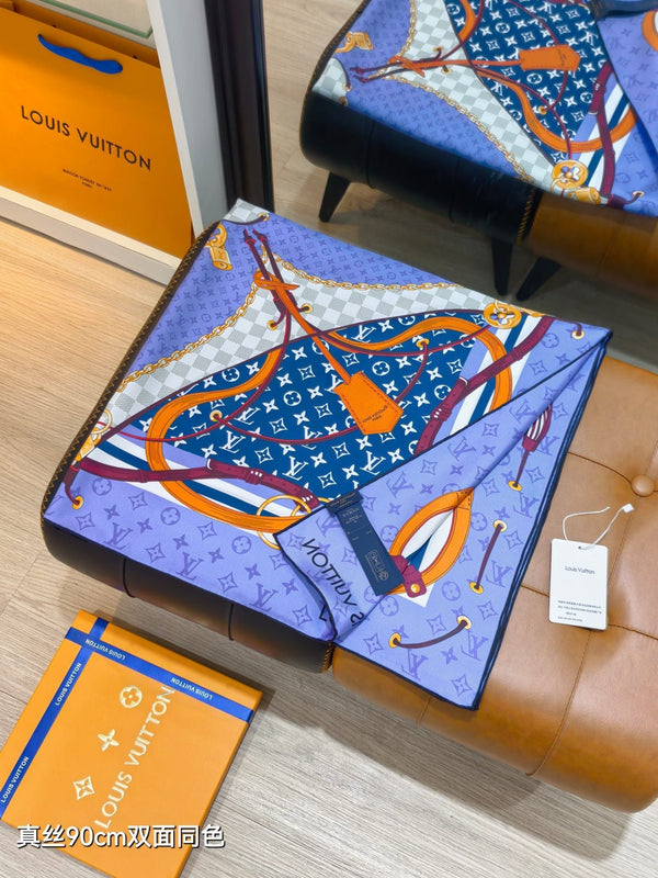 LV Scarf 90cm Blue Lavender Twill Silk Wool 136596