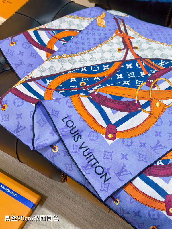 LV Scarf 90cm Blue Lavender Twill Silk Wool 136596