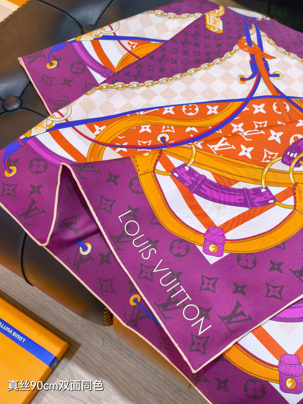 LV Scarf 90cm Purple Orange Twill Silk 136597