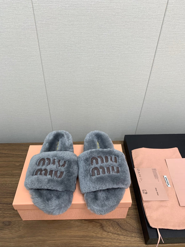 Miu Slippers Gray With Brown Lettering Pure Wool