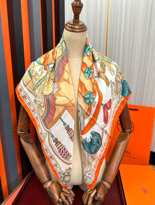 Carré Harnais De Cœur Scarf 90 CM In Orange Colorful Silk 306470
