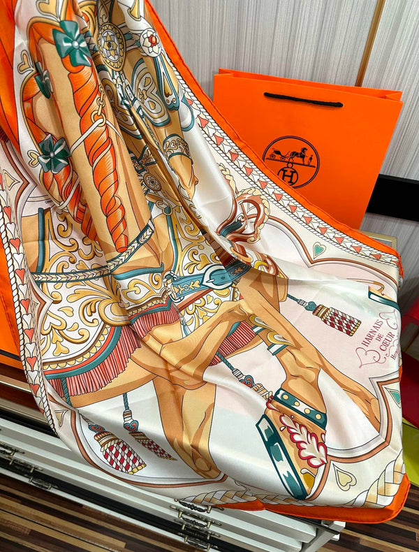Carré Harnais De Cœur Scarf 90 CM In Orange Colorful Silk 306470