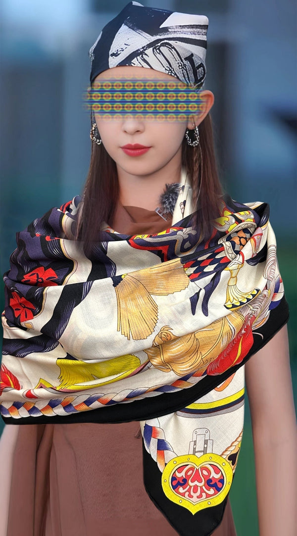 HM 25s Scarf 140cm Purple Beige Cashmere Silk 965622