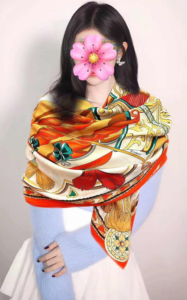 HM 25s Scarf 140cm Orange Beige Cashmere Silk 965623