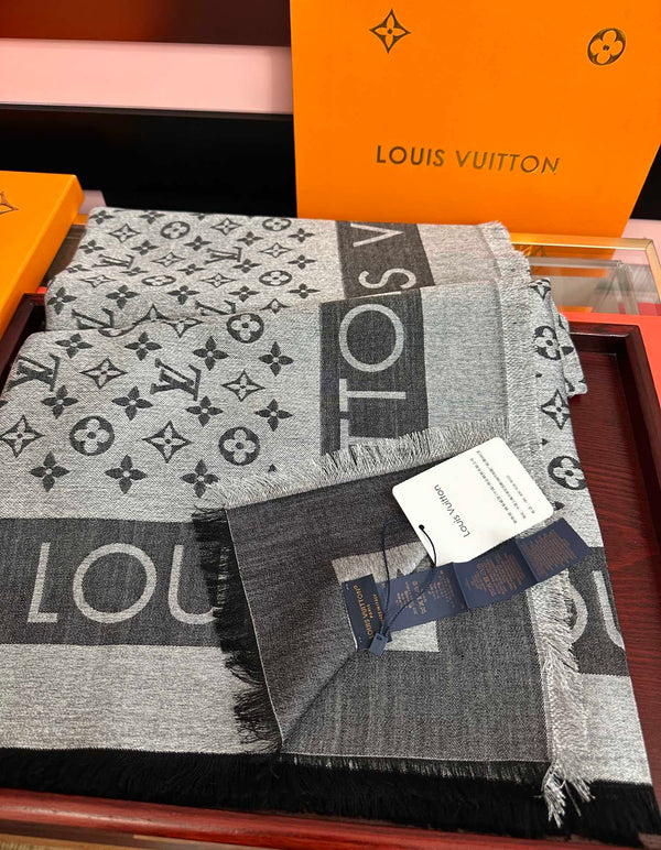 LV Long Scarf 140cm Black Gray Cashmere 967310