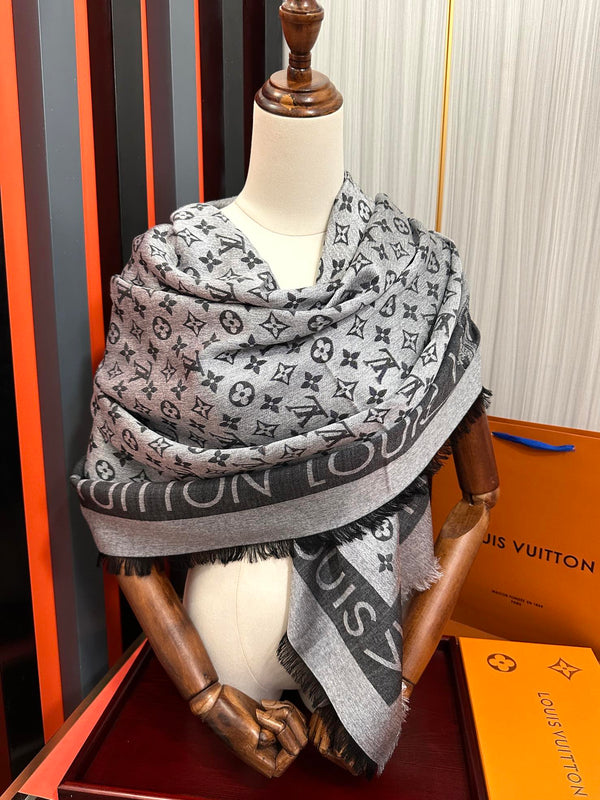 LV Long Scarf 140cm Black Gray Cashmere 967310