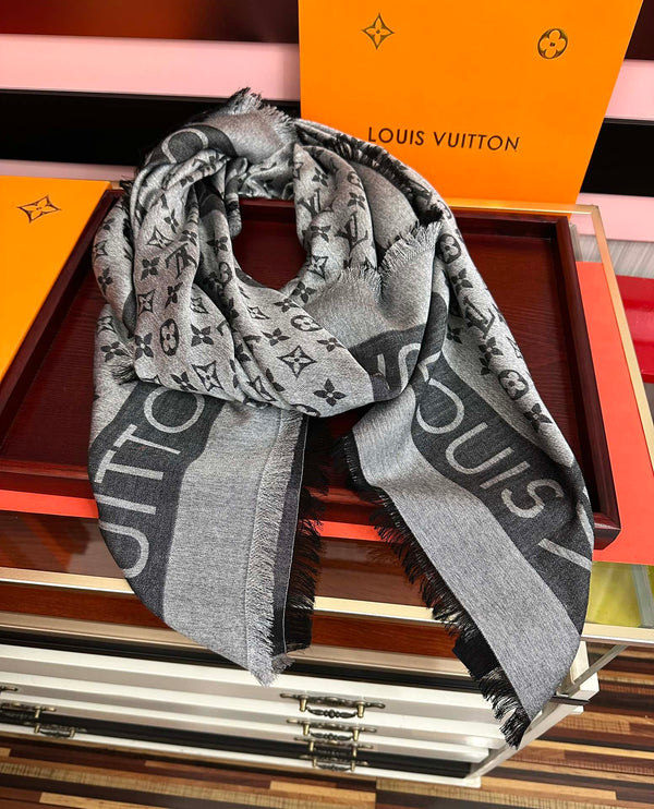 LV Long Scarf 140cm Black Gray Cashmere 967310