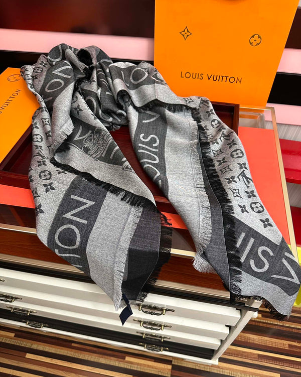 LV Long Scarf 140cm Black Gray Cashmere 967310