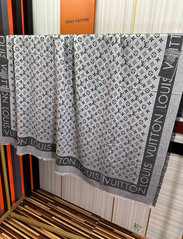 LV Long Scarf 140cm Black Gray Cashmere 967310