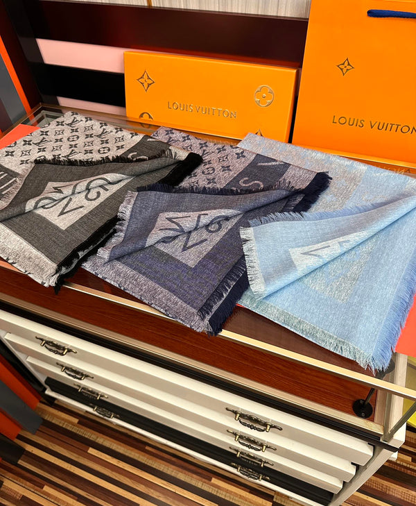 LV Long Scarf 140cm Black Gray Cashmere 967310