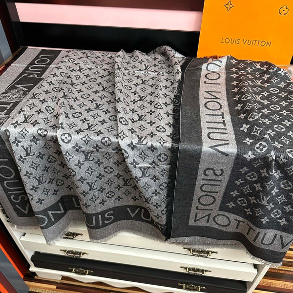 LV Long Scarf 140cm Black Gray Cashmere 967310