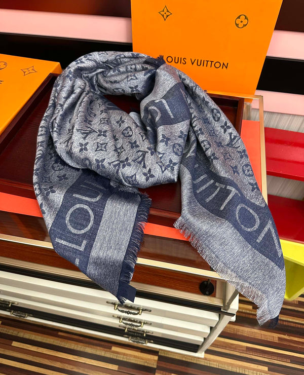 LV Long Scarf 140cm Navy Blue Cashmere 967311