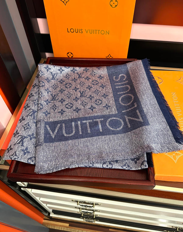 LV Long Scarf 140cm Navy Blue Cashmere 967311