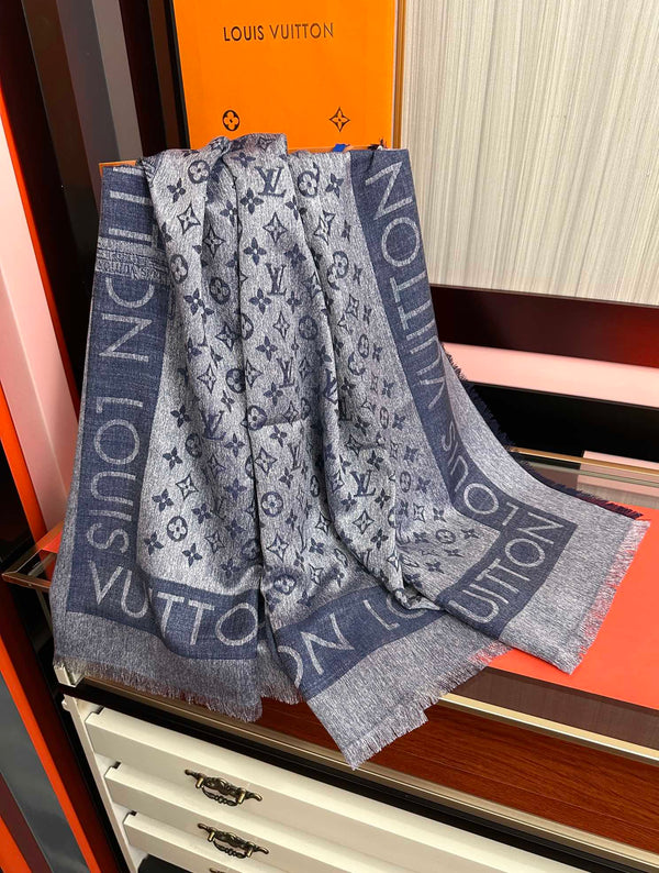LV Long Scarf 140cm Navy Blue Cashmere 967311