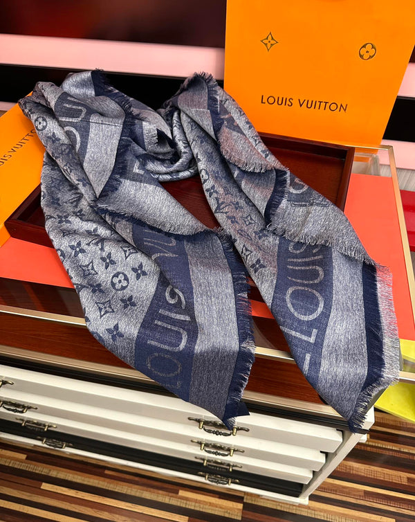 LV Long Scarf 140cm Navy Blue Cashmere 967311