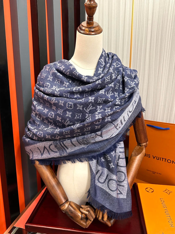LV Long Scarf 140cm Navy Blue Cashmere 967311