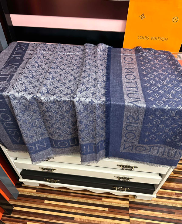 LV Long Scarf 140cm Navy Blue Cashmere 967311