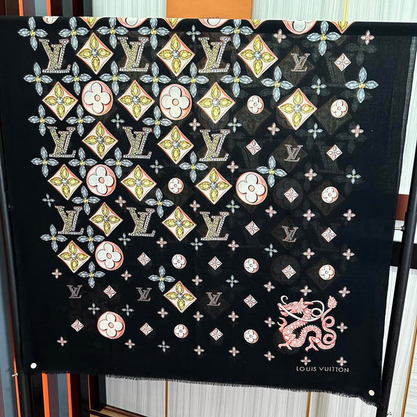 LV Long Scarf 200cm Black Pink Yellow Cashmere 967316