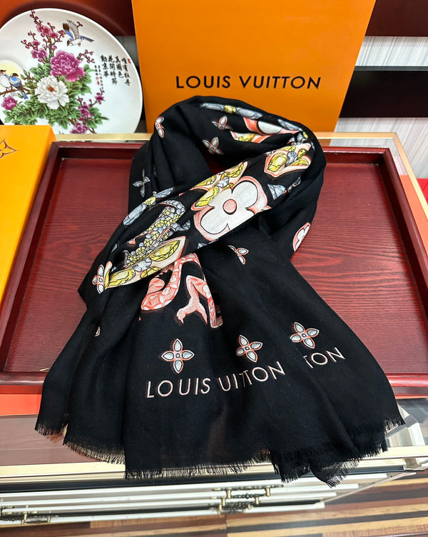 LV Long Scarf 200cm Black Pink Yellow Cashmere 967316