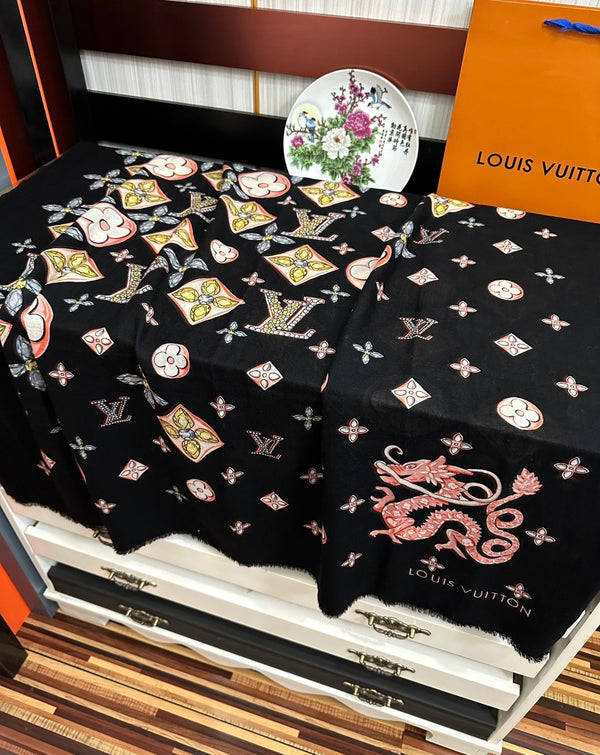 LV Long Scarf 200cm Black Pink Yellow Cashmere 967316