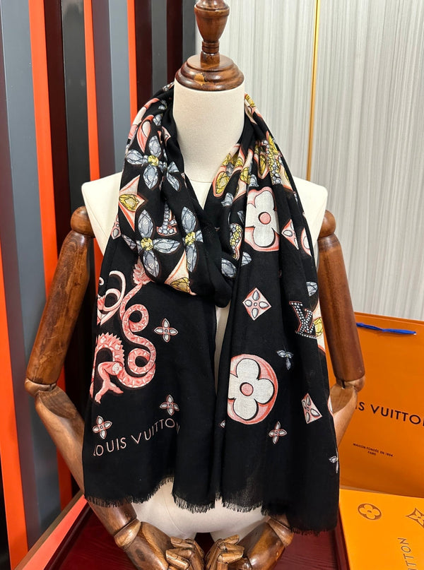 LV Long Scarf 200cm Black Pink Yellow Cashmere 967316