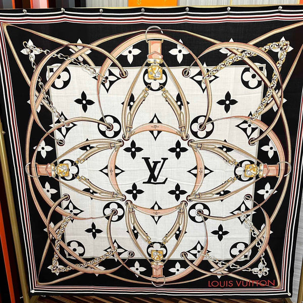 LV Scarf 140cm Black Beige White Silk Cashmere 968683