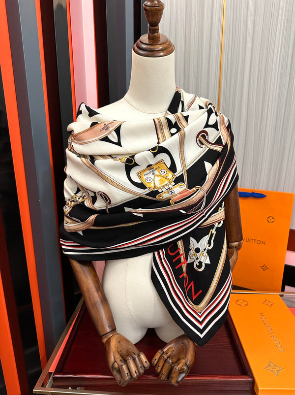 LV Scarf 140cm Black Beige White Silk Cashmere 968683