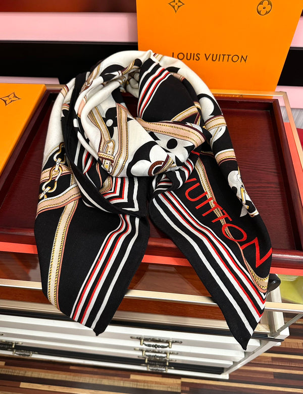 LV Scarf 140cm Black Beige White Silk Cashmere 968683