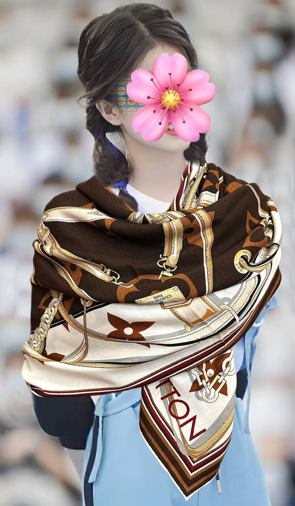 LV Scarf 140cm White Brown Beige Silk Cashmere 968684