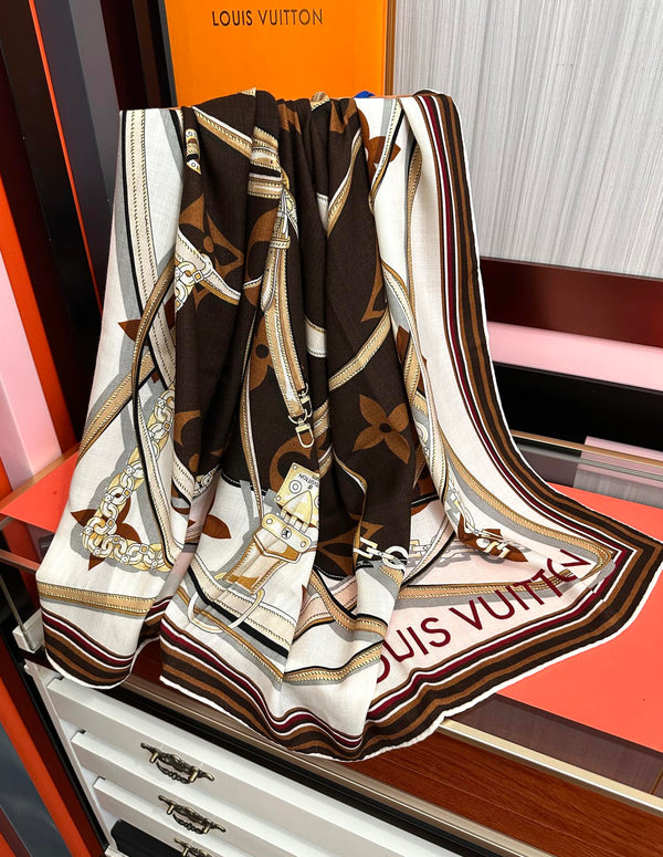 LV Scarf 140cm White Brown Beige Silk Cashmere 968684