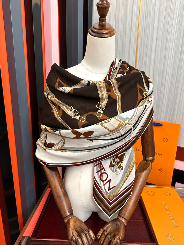 LV Scarf 140cm White Brown Beige Silk Cashmere 968684