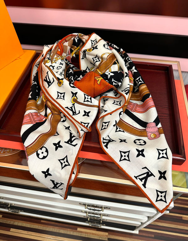 LV Scarf 140cm Black White Brown Silk Cashmere 968685