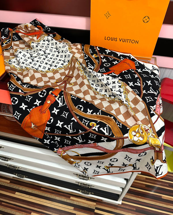 LV Scarf 140cm Black White Brown Silk Cashmere 968685