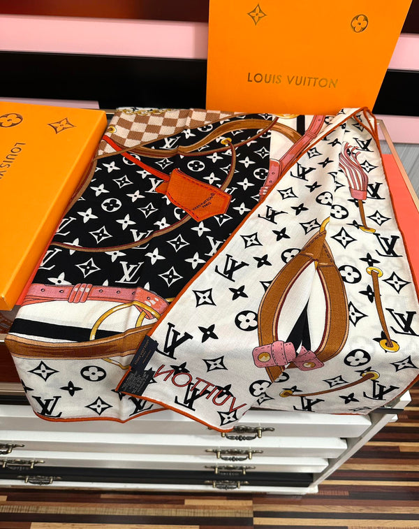 LV Scarf 140cm Black White Brown Silk Cashmere 968685